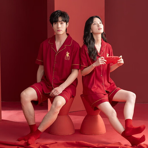 Pure cotton pajamas wedding newlyweds couple set red men's women's short-sleeved summer love couple's pajamas summer Z52012 couple XL male