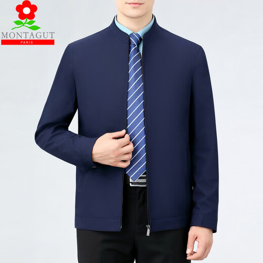 MONTAGUT Mulberry Silk Jacket Men's Spring and Autumn Middle-aged and Old Year of the Year Red Stand-up Collar Jacket for Dad's Wedding Banquet Top Stand-up Collar-Dark Blue M 170