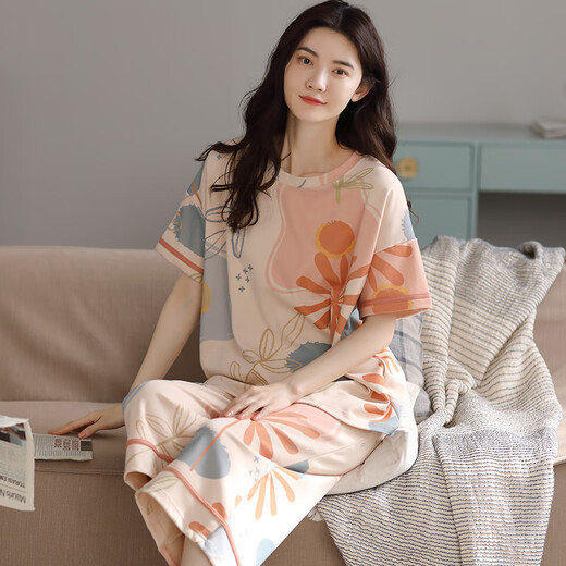 雅鹿睡衣女款夏季棉短袖七分裤棉圆点可外穿女士家居服 9856  M 建议80-100斤穿