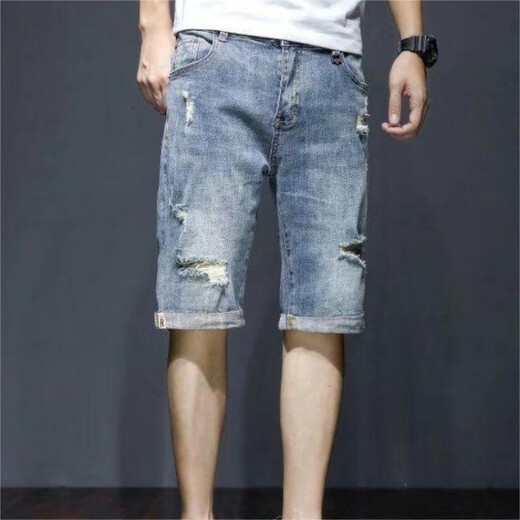 Lee Kids Denim Shorts Men's Summer Fino suelto de siete puntos Estilo coreano Barrios modernos de moda rasgados de moda T693 T693 azul 28 sugerido 90-100Jin [Jin equivale a 0.5 kg]
