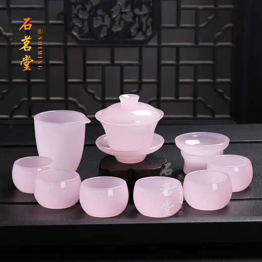 Shimingtang Glazed Kung Fu Tea Set High-end Ice Jade Porcelain Teapot Teacup Sancai Covered Bowl Home Light Luxury Gift Box Pack Pomelo Jade Clear Green-10 Piece Set Gift Box Pack