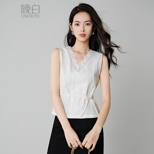 Late White Exklusives 2025 Herbst elegantes Spitzenshirt, elegantes Baumwoll-schmales, ärmelloses Damen-Top, Weiß, S
