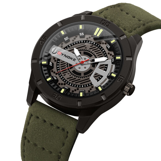 时诺刻男士手表轻奢石英腕表时尚皮革表带石英手表复古小众设计 6173军绿