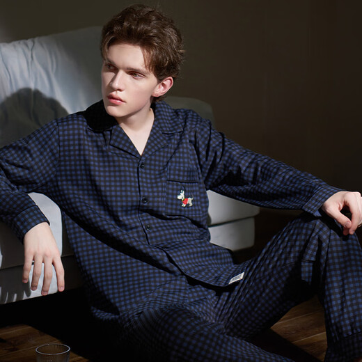 Princess Mark couple pajamas for women spring and autumn pure cotton retro plaid long-sleeved puppy suit autumn and winter home clothes for men J9165-couple men's 2XL