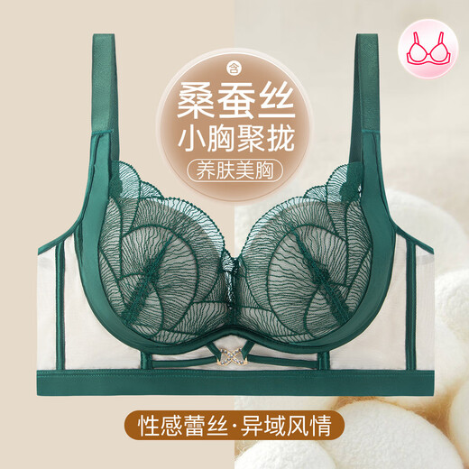 Fenton contient des sous-vêtements de soutien-gorge push-up en soie de mûrier sexy en dentelle anti-secouement pour femmes sans jantes en fil vert paon 75A / 34A