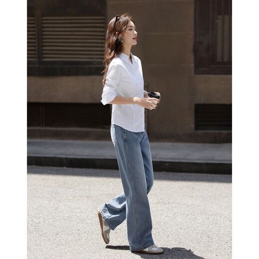 Demana pure cotton island autumn temperament commuter V-shaped lapel shirt princess line waist long-sleeved shirt women's tops