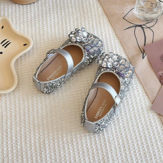 Children's Princess Shoes 2025 Spring and Autumn New Girls' Shoes Soft Sole Little Girls Crystal Shoes Baby Single Shoes Performance Shoes Silver 24