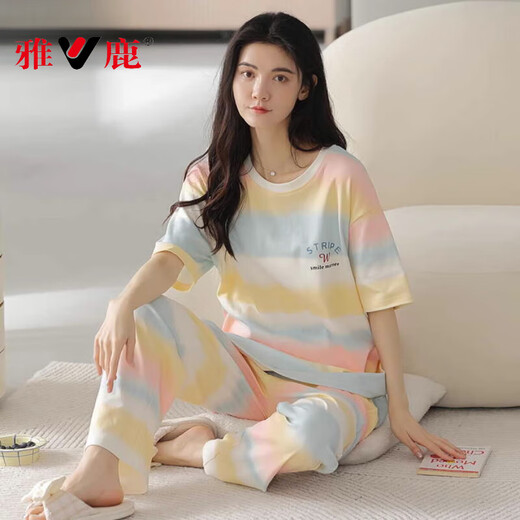 Pajamas de yalu para mujeres en primavera y verano algodón puro pantalones de manga corta delgada coreana lindo arco irbow contrastante de color de ropa para el hogar Z9711 XL [recomendado 120-140Jin [Jin iguala 0.5 kg] desgaste]