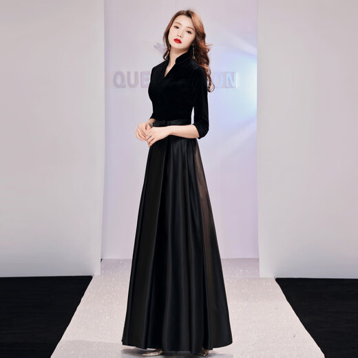 Timochi choir conductor clothing vocal performance dress black evening dress folk music high-end atmospheric velvet stage table A black long style M 3XL bust 100cm waist 83cm