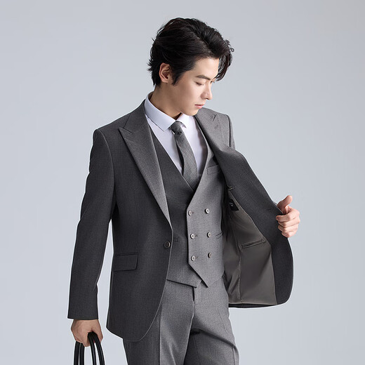 Lilang Youth Business Men's Wear Light and Dark Stripes Suit Men's Peaked Collar Stretch Easy-Care Suit Three-piece Set Gray Coffee (1SA) 180A