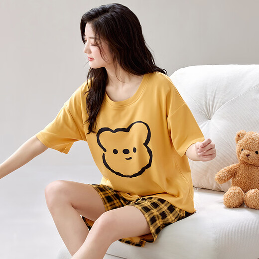 Yalu Summer Women's Short Sleeve Pajama Set comes with a chest pad integrated home clothing thin large size summer pure cotton can be worn outside GXT1047 M (recommended 75-95Jin [Jin equals 0.5 kg])