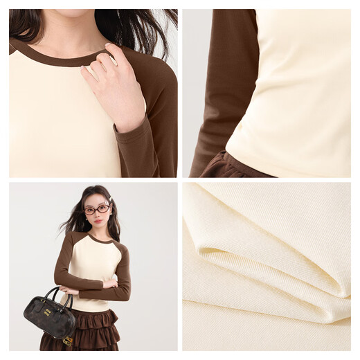 MJ STYLE slim contrast color long-sleeved T-shirt for women 2026 spring and autumn new tight-fitting splicing design skin-friendly bottoming shirt with inner top