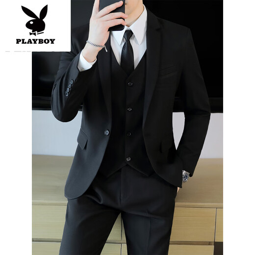 Playboy (PLAYBOY) casual suit men's Korean version of business formal three-piece suit slim fit wedding groomsmen groom's iron-free suit jacket two-button black single-piece suit jacket XS (70~85Jin Jin equals 0.5 kg)