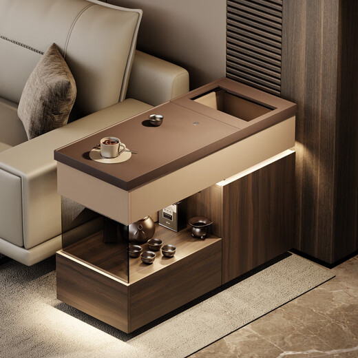 Huanzemao Sofa Side Cabinet Tea Bar Machine Boiler Integrated Italian Style Mobile Coffee Table Cabinet With Kettle Integrated Side Table Small Tea Table Mobile Side Table + Socket + Drain Bucket With Light Strip