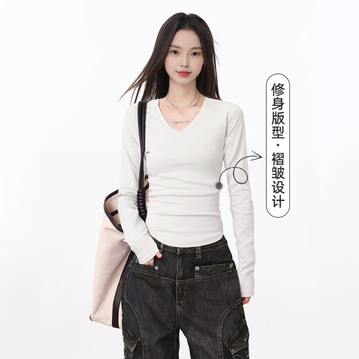 Baleno V-neck slim pleated long-sleeved T-shirt for women 2025 autumn and winter new soft and waxy comfortable inner brushed warm base shirt