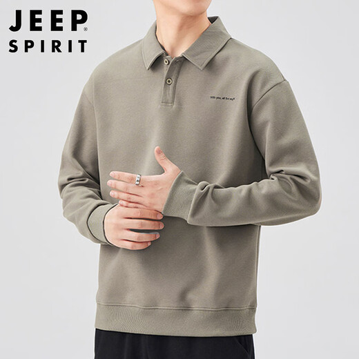 JEEP SPIRIT Jeep POLO shirt men's sweatshirt autumn and winter loose long-sleeved lapel T-shirt top men gray green XL