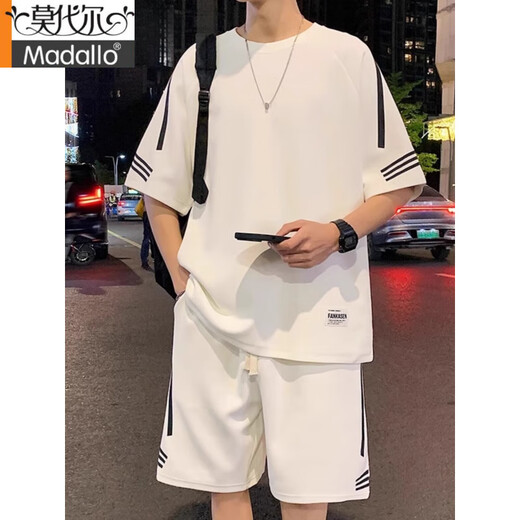 莫代尔高端睡衣男士夏季薄款宽松冰丝短袖t恤男短裤搭配两件套运动套装 FKS653白色套 L 约110-130斤可穿