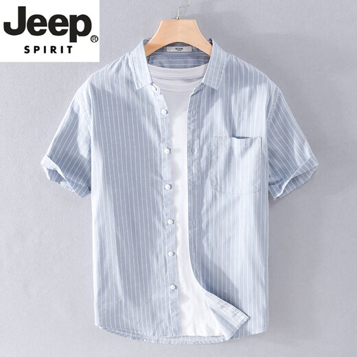 JEEP SPIRIT High-End-Herrenhemd aus reiner Baumwolle mit kurzen Ärmeln, japanisches, lässiges, sommerliches, dünnes, gestreiftes Hemd, neuer Trend, Spleißoberteil 9740, hellblau, M