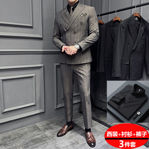 Jason's double-breasted plaid suit men's suit high-quality formal dress business casual groom's wedding suit three-piece khaki (suit + shirt + pants) 2XL