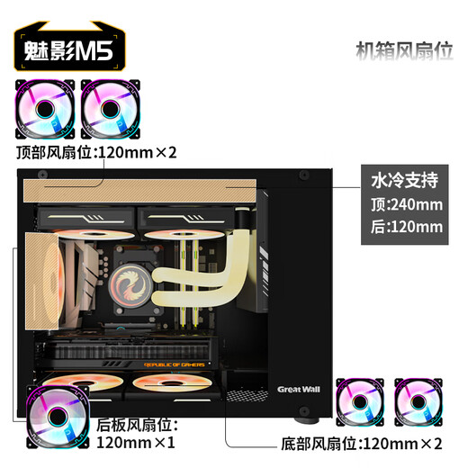 长城（Great Wall）魅影M5黑色电脑机箱（镀铝提手/金属面板/玻璃侧板/MATX主板/5风扇位/USB3.0/240水冷/5080显卡）