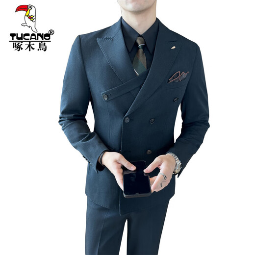 Woodpecker (TUCANO) brown double-breasted suit men's suit British slim men's large size suit three-piece wedding groom's dress trendy black (suit + trousers) XL 52 (125-135Jin Jin equals 0.5 kg)