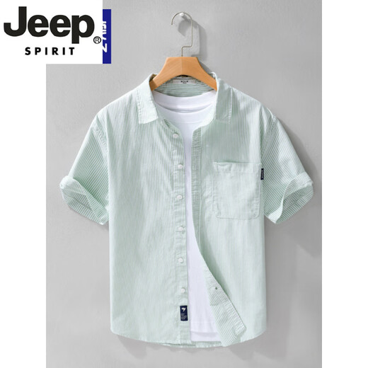 JEEP SPIRIT high-end men's pure cotton short-sleeved shirt Japanese casual summer thin striped shirt new trend splicing top 9740 white M