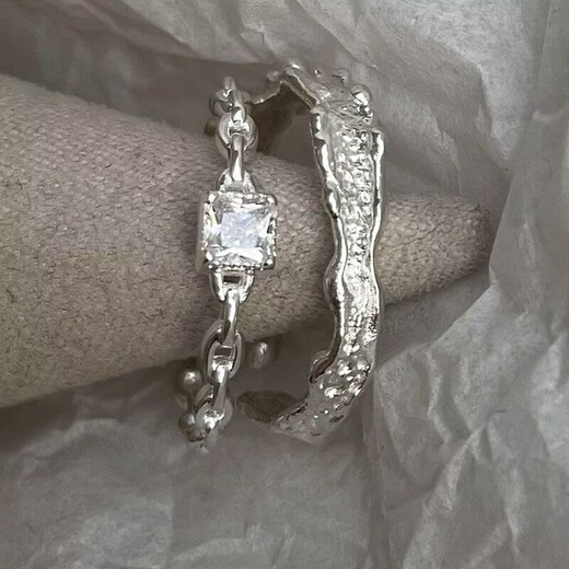 Shiny small square diamond pewter ring for women, light luxury niche design, high-end, simple, fashionable and versatile open ring M73 small square diamond ring