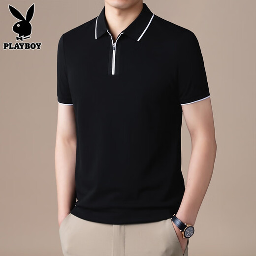花花公子（PLAYBOY）高端半拉链Polo衫男士短袖t恤夏季新款宽松冰丝半袖上衣服男T舒适 FYMB9276白色 XL 【121-140斤】