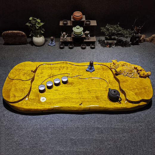 Miaopu Le authentic high-end solid wood root carving golden silk nanmu tea tray whole root carving tea tray golden silk nanmu wood belt drainage T313-3888 yuan