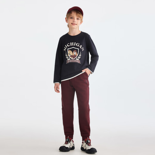 Hush Puppies children's clothing for boys and girls autumn new style comfortable and versatile cartoon print classic long-sleeved crew neck shirt navy blue 130 cm