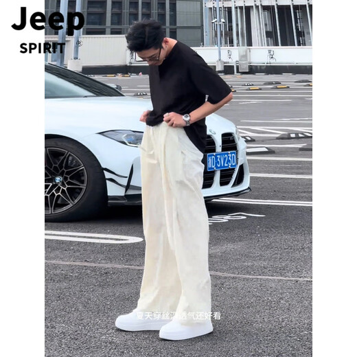 JEEP SPIRIT American Henley collar polo shirt with short sleeves and drapey ice silk casual pants for boys, a cool and handsome outfit for spring and autumn, two-piece set, black short sleeves + off-white pants M
