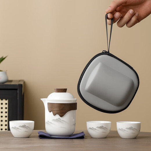 White porcelain travel kung fu tea set portable outdoor quick cup companion gift customization distant mountain travel tea set one pot three cups with bag