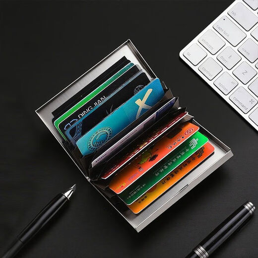 Tuzun high-end stainless steel card holder for men and women, metal ultra-thin anti-degaussing compact card box, anti-theft bank card holder, card holder, small size - silver, 6 card slots