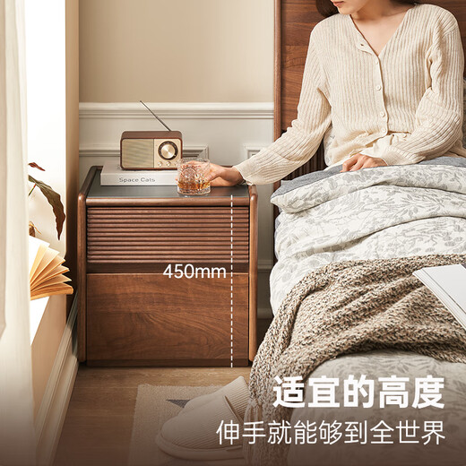 原始原素实木岩板床头柜北美黑胡桃木收纳柜卧室轻奢床边柜宽双抽M1023