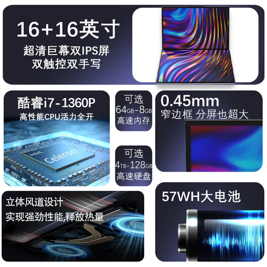 Greif genuine 2025 new Intel Core i7 dual 16-inch dual-screen laptop touch screen stock trading student programming and design learning office AI all-round laptop Intel Core i7 + dual touch screen 16 + 16 inches pro 64G ultra-fast storage + 2TB solid state drive + luxury gift package