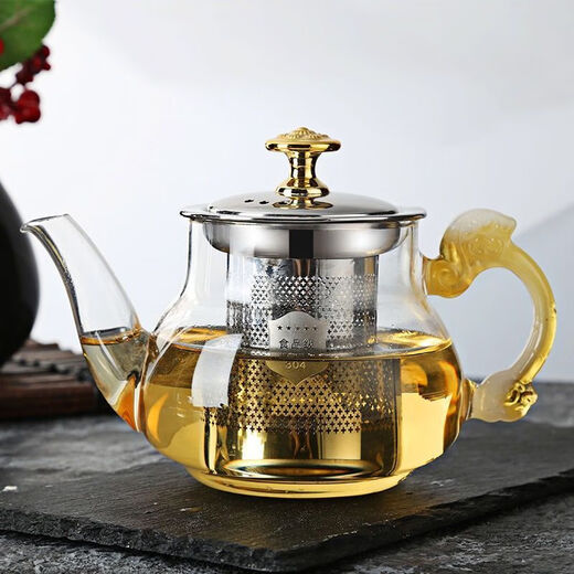 Thickened glass teapot, explosion-proof filter teapot, high temperature resistant household teapot, stainless steel inner tank, flower teapot set, hot selling model, 453ml (jade handle teapot)