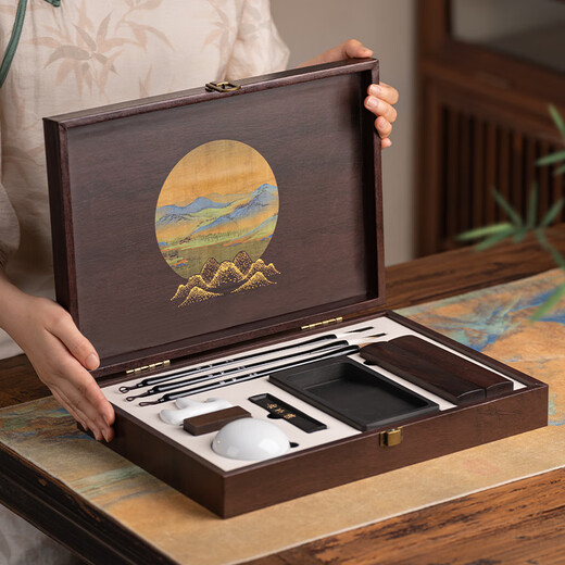 Hu Ying Qianli Jiangshan Longyin Supreme Edition Four Treasures of the Study Set High-end Writing Brush for Beginners Beginner's Entry-level Pen, Ink, Paper and Inkstone High-end Calligraphy Inkstone Table Ink Strip She Inkstone Pen Holder Gift Box