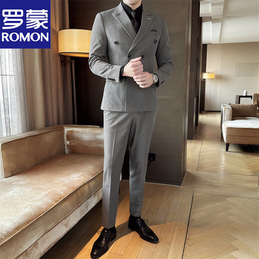 ROMON Fashionable and Versatile Double-breasted Formal Business Casual Men's Suit Striped Slim Groom and Groomsmen Clothing Mist Gray (Suit+Trousers) 2XL 54-33 (136-146Jin Jin equals 0.5kg)