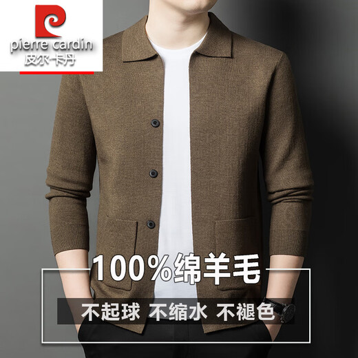 Pierre Cardin 100% pure wool cardigan men's cardigan spring and autumn thin lapel knitted sweater middle-aged pocket coat for men Brown Camel XL 175 recommended weight 135-155Jin Jin equals 0.5 kg