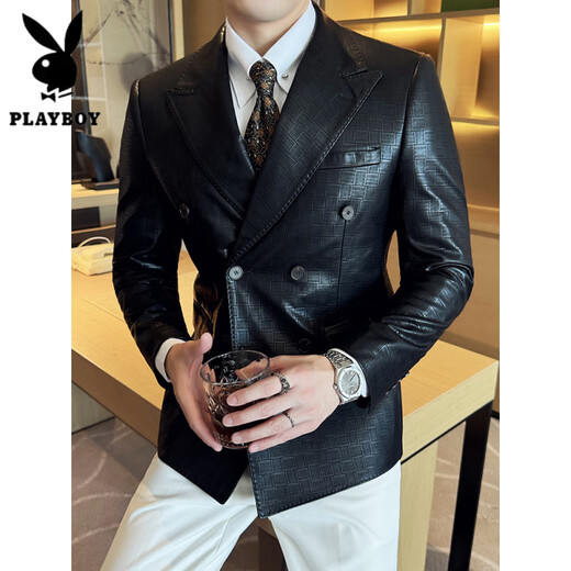 Playboy (PLAYBOY) Rubik's Cube Pattern Double-breasted Leather Suit Jacket Men's Spring and Autumn New Business Casual Trendy British Style Slim Suit Green 2XL (130-145Jin Jin equals 0.5kg)