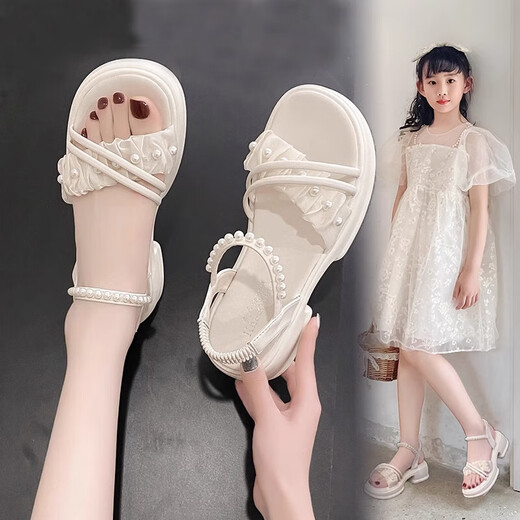 Girls Princess Sandals Summer New Soft Sole Non-Slip Breathable Children's Shoes Beach Shoes Elementary School Students Summer 6 to 8 Beige Yizhou&YZ-555 28 Inner Length 17.8cm