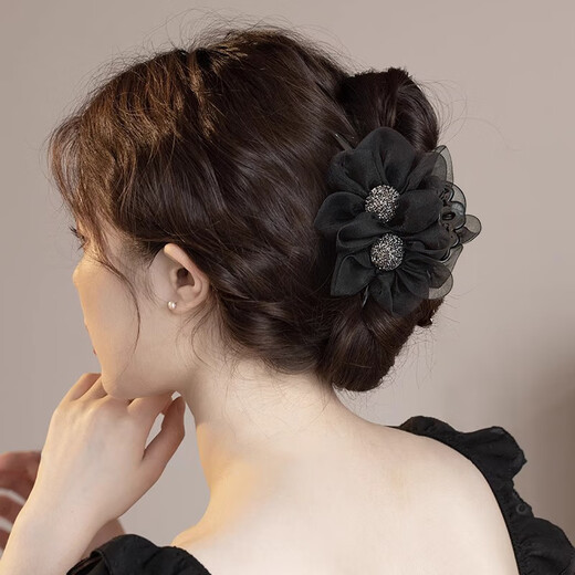 Xiangwan Hair Clip Flower Gauze Clip Women's Hair Volume Hair Clamp Back of Head Hair Clip Shark Clip Hair Accessory Black