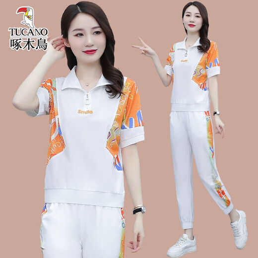 啄木鸟冰丝短袖休闲套装女2025年夏季新款宽松时尚减龄跑步运动服两件套 (684)黑色 XL (建议111-125斤)