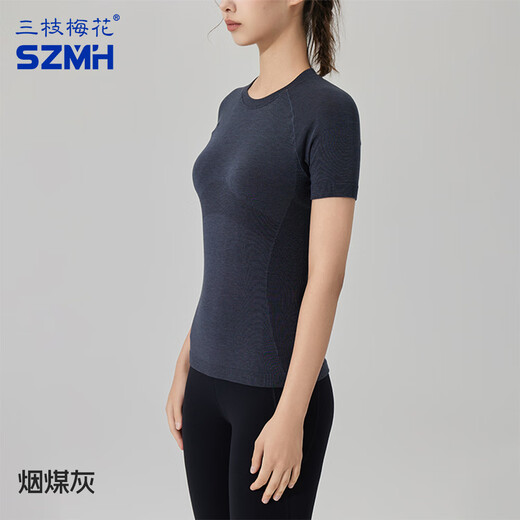 Three-branch Plum Three-branch Plum Merino Wool Short Sleeve T-shirt for Women Breathable Outdoor Short Sleeve Running Fitness Yoga Wear Pilates Anthracite Gray L