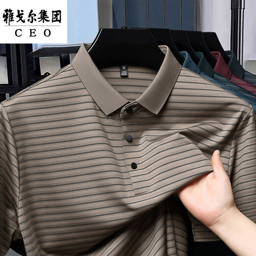 CEO雅戈尔夏季桑蚕丝短袖t恤男士翻领polo衫中老年体恤衫条纹半袖 9866灰色 S 165/80A