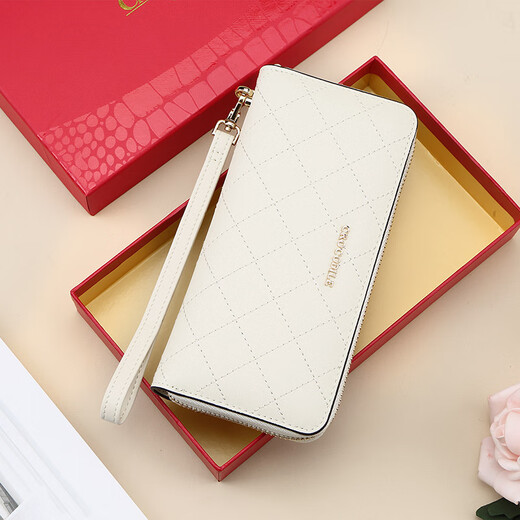 Crocodile shirt leather hand bag long rhombus wallet women's ticket holder coin purse gift box 2215 rice white