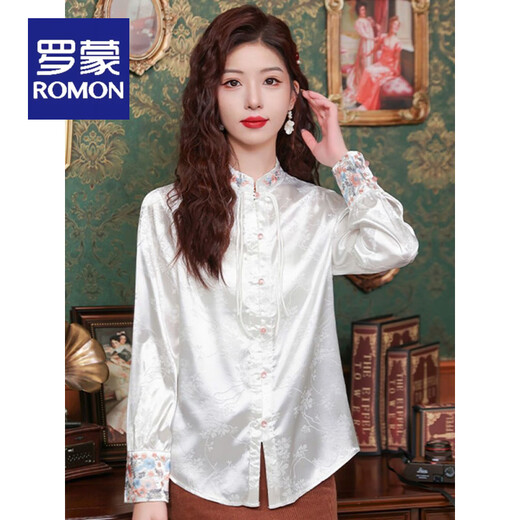 ROMON New Chinese style tassel embroidered stand collar bottoming shirt for women early spring new light national style shirt with horse skirt top white XL 115-125Jin Jin is equal to 0.5 kg