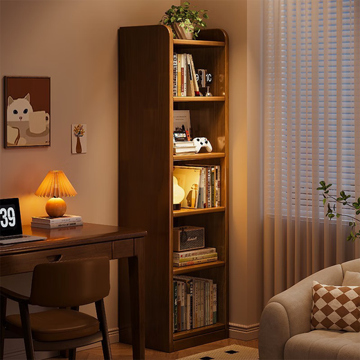 Sanqihu full solid wood bookshelves floor-standing storage rack integrated against the wall walnut color narrow-slit storage cabinet home full solid wood pine four-layer 40x24x1048cm walnut color