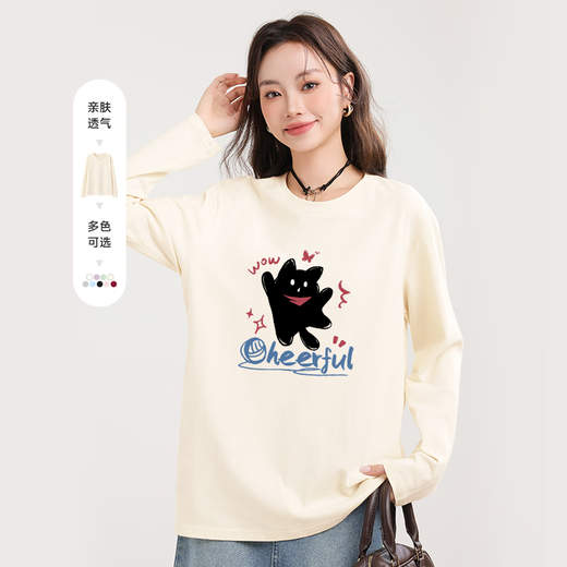 MJ STYLE 200g pure cotton loose long-sleeved T-shirt for women 2026 autumn casual fashion cute kitten versatile top