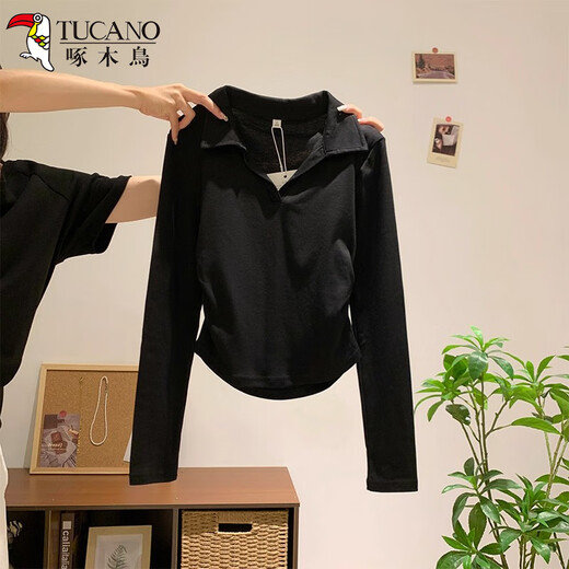 Woodpecker polo collar pure cotton right shoulder long sleeve t-shirt women's autumn new pleated waist bottoming shirt top white XL